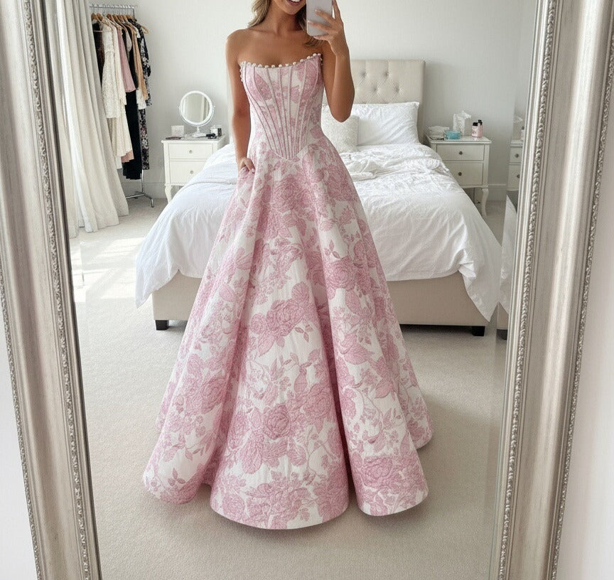 A-Line/Princess Print Flower Strapless Floor Length Prom Dresses with Pockets
