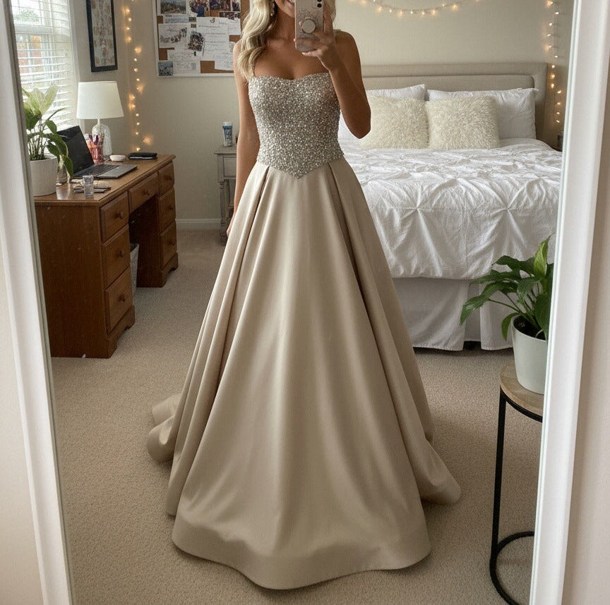 A-Line/Princess Square Neck Glitter Floor Length Prom Dresses with Sequin