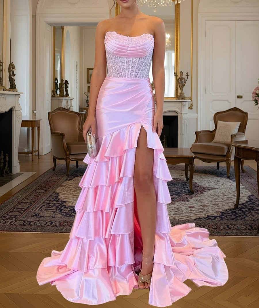 A-Line/Princess Sleeveless Tiered Ruffle Floor-Length Formal Prom Dresses with Sequin