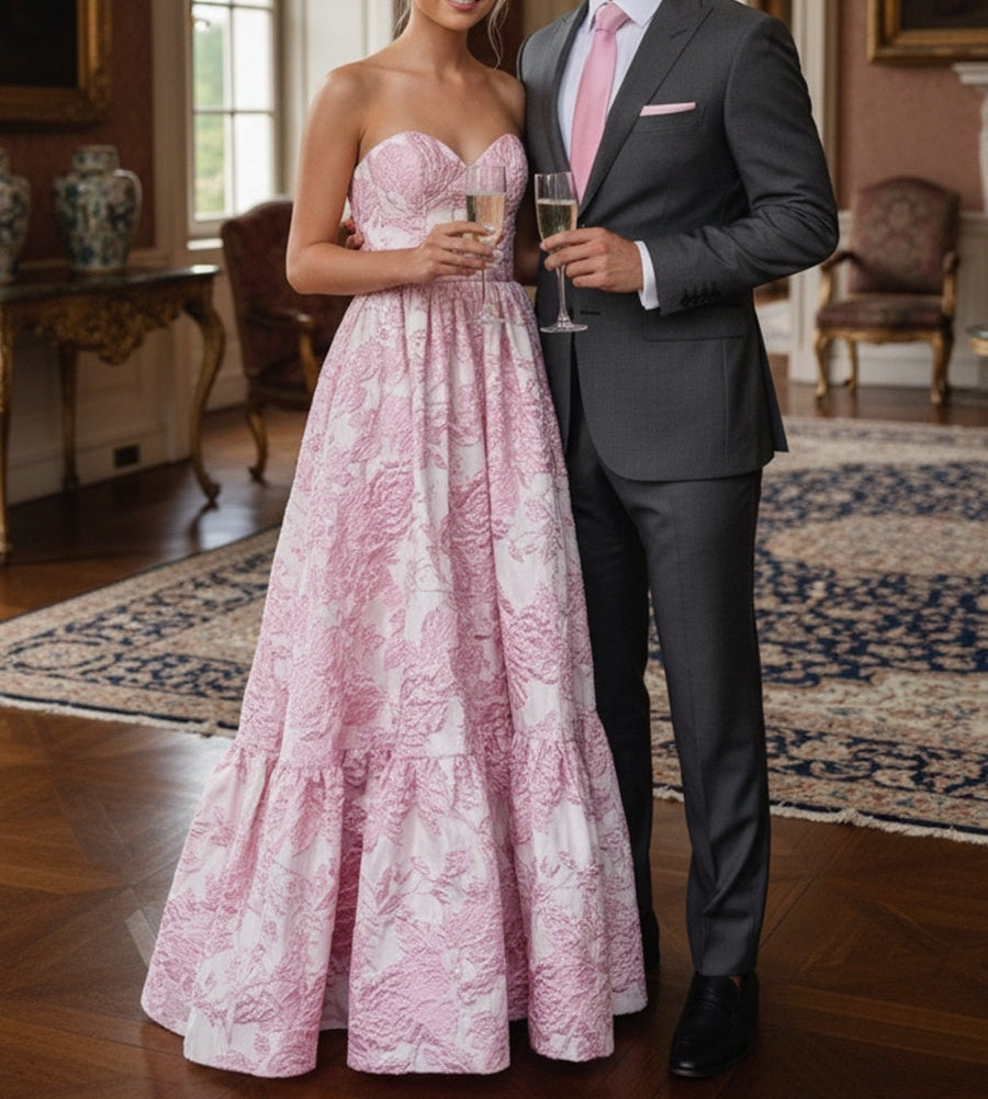 A-Line/Princess Sweetheart Neck Strapless Jacquard Floor-Length Prom Dresses