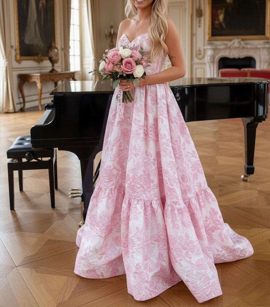A-Line/Princess Sweetheart Neck Strapless Jacquard Floor-Length Prom Dresses