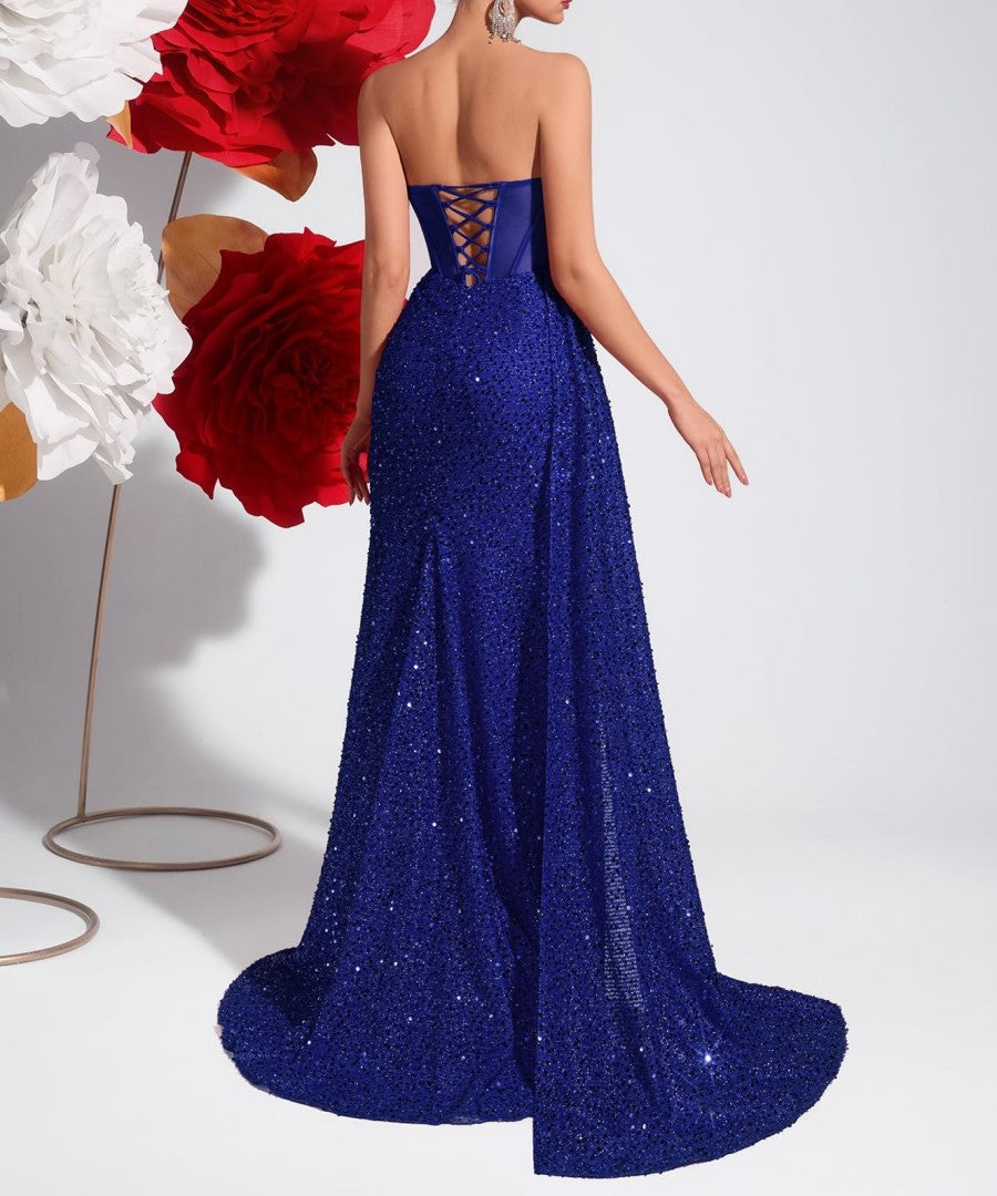 Mermaid/Trumpet Strapless Glitter Floor-Length Prom Dresses with Train