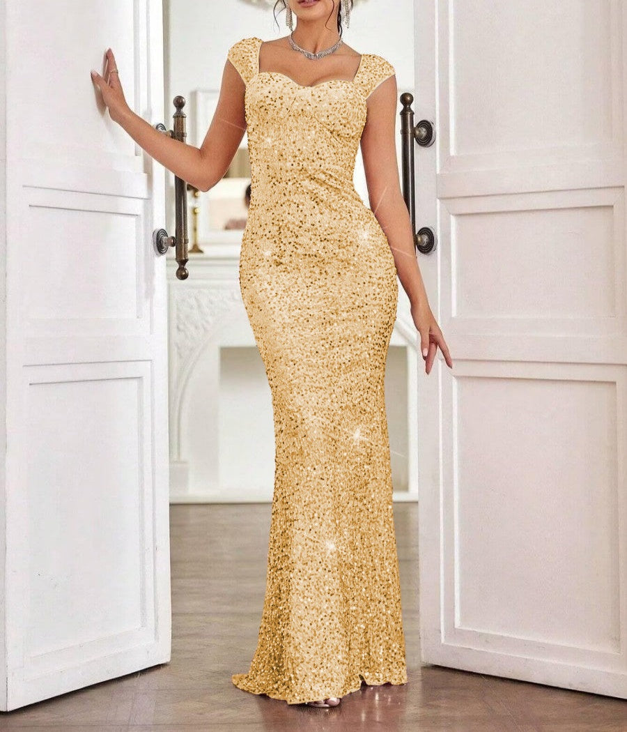 Sheath/Column Cap Sleeve Floor-Length Formal Dresses with Sparkly Sequin