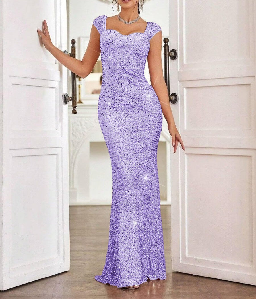 Sheath/Column Cap Sleeve Floor-Length Formal Dresses with Sparkly Sequin