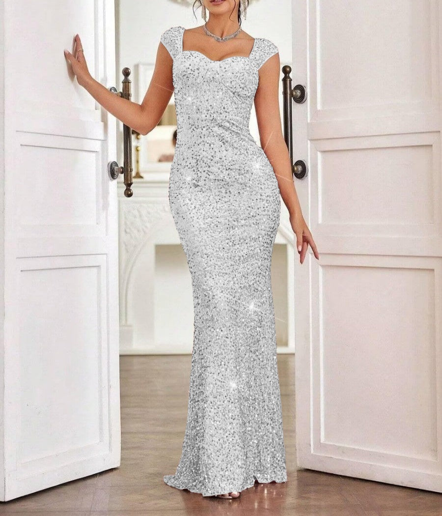 Sheath/Column Cap Sleeve Floor-Length Formal Dresses with Sparkly Sequin