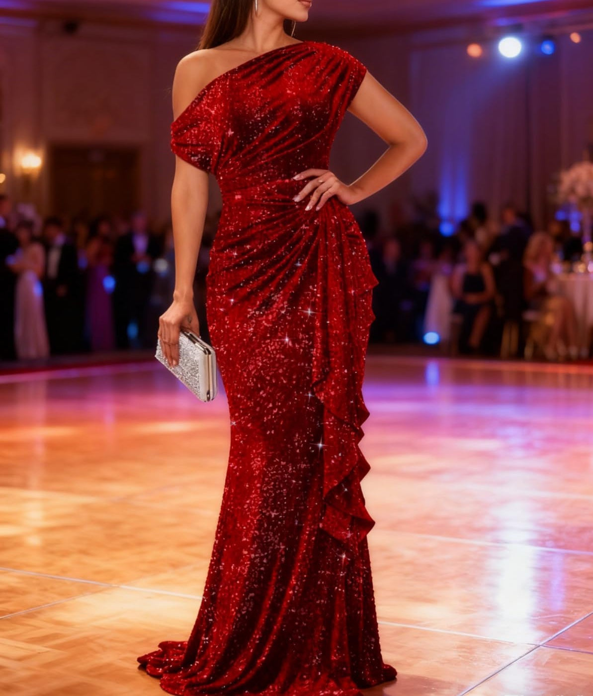 Mermaid/Trumpet One Shoulder Ruched Floor-Length Formal Dresses with Sparkly Sequin