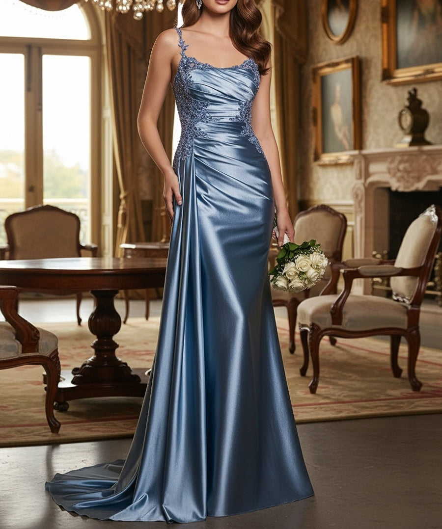 Elegant Mermaid/Trumpet Spaghetti Strap Lace Appliques Floor-Length Prom Dresses with Train