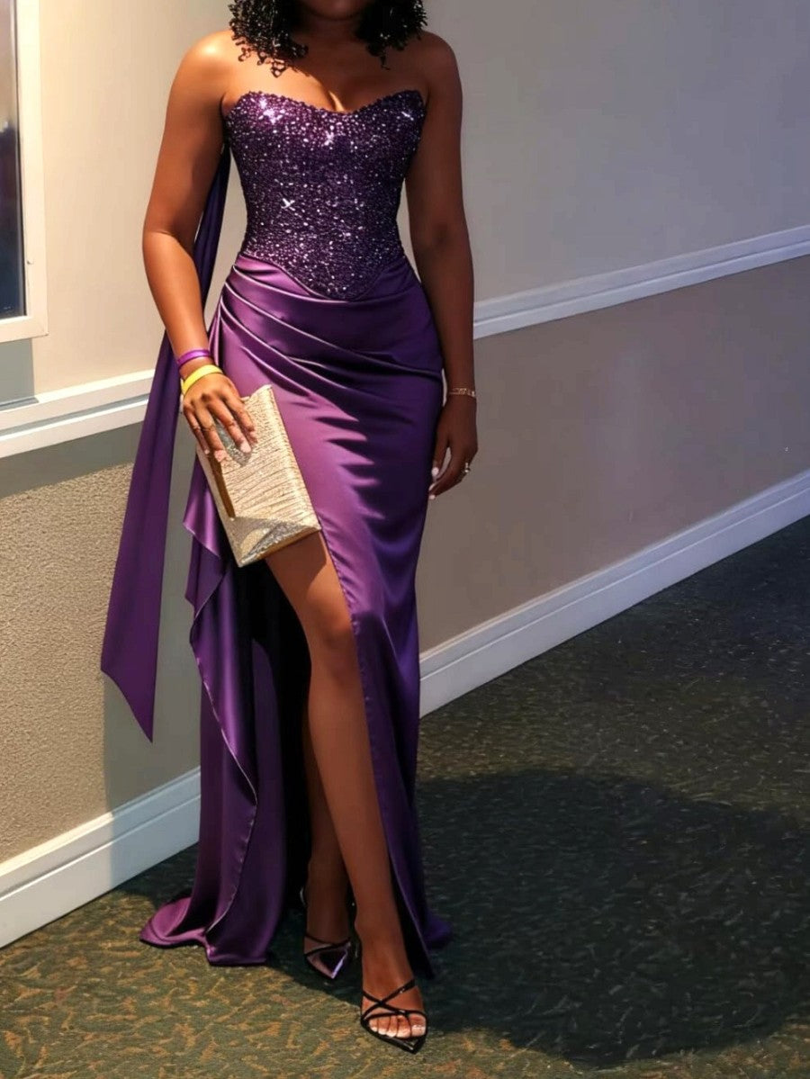 A-Line/Princess Strapless Patchwork Ruffle Floor-Length Formal Dresses with Scarf