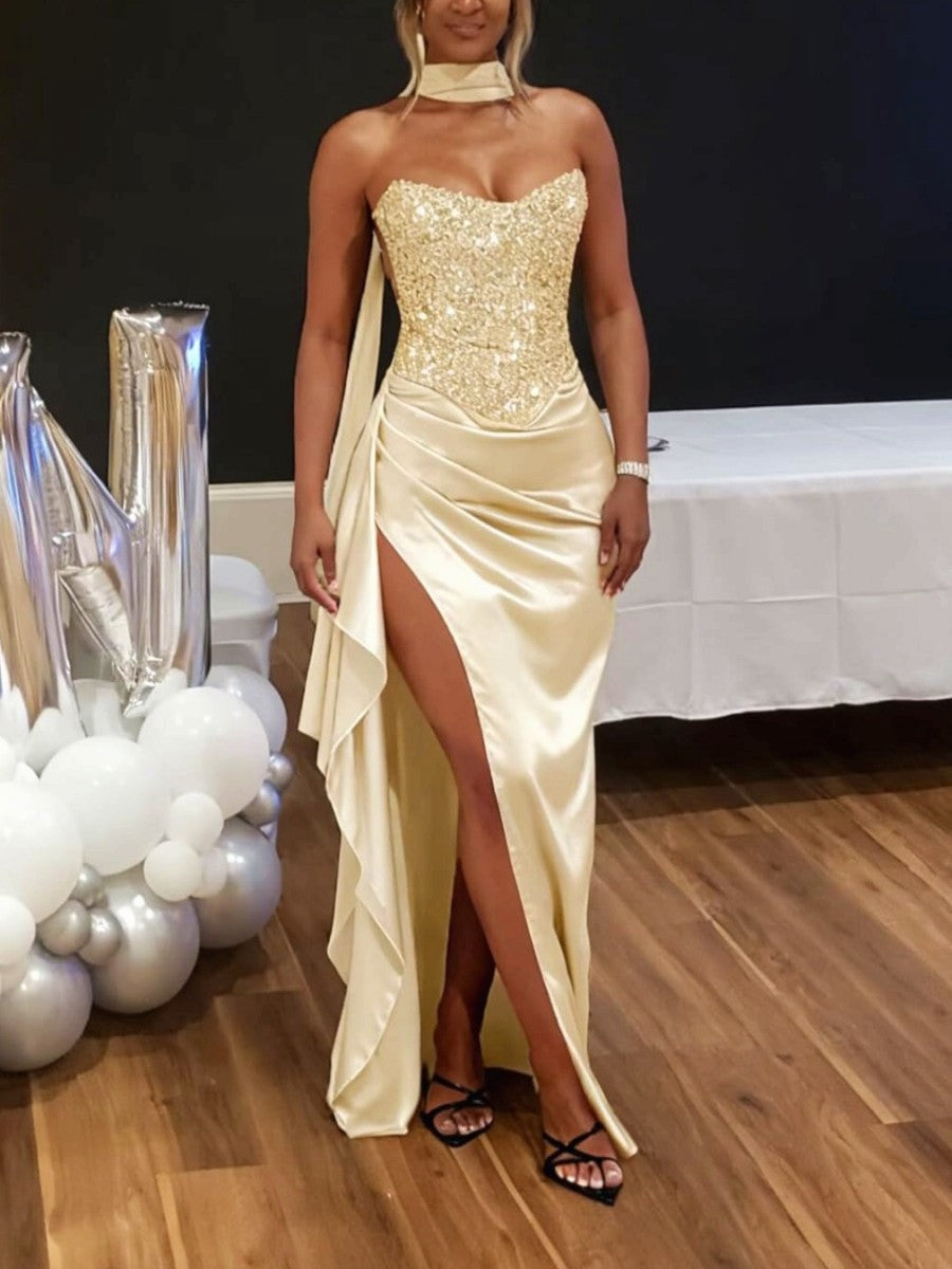 A-Line/Princess Strapless Patchwork Ruffle Floor-Length Formal Dresses with Scarf