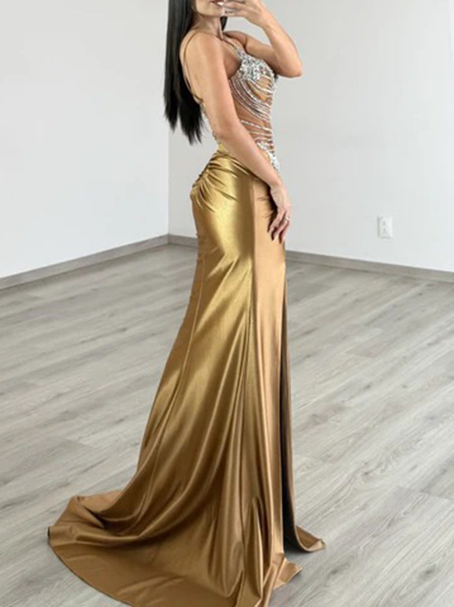 Elegant A-Line/Princess V-Neck Spaghetti Strap Satin Floor-Length Prom Dresses with Train