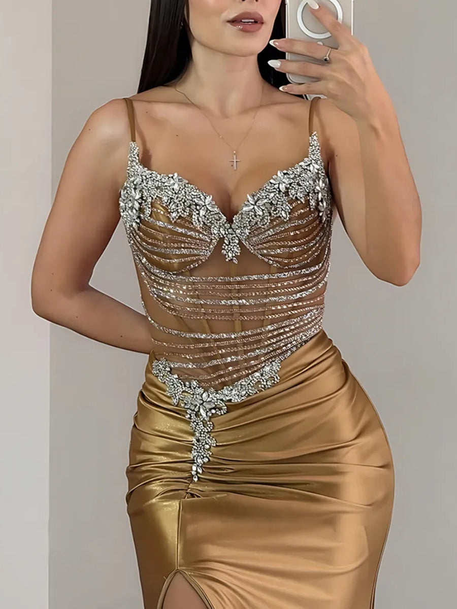 Elegant A-Line/Princess V-Neck Spaghetti Strap Satin Floor-Length Prom Dresses with Train