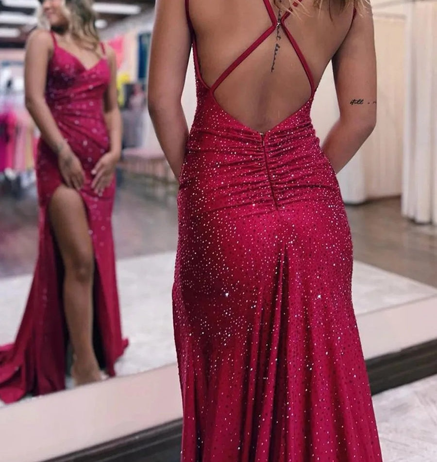 Sexy A-Line/Princess Sparkly Spaghetti Strap V-Neck Floor-Length Prom Dress Ruched Formal Dresses with Slit