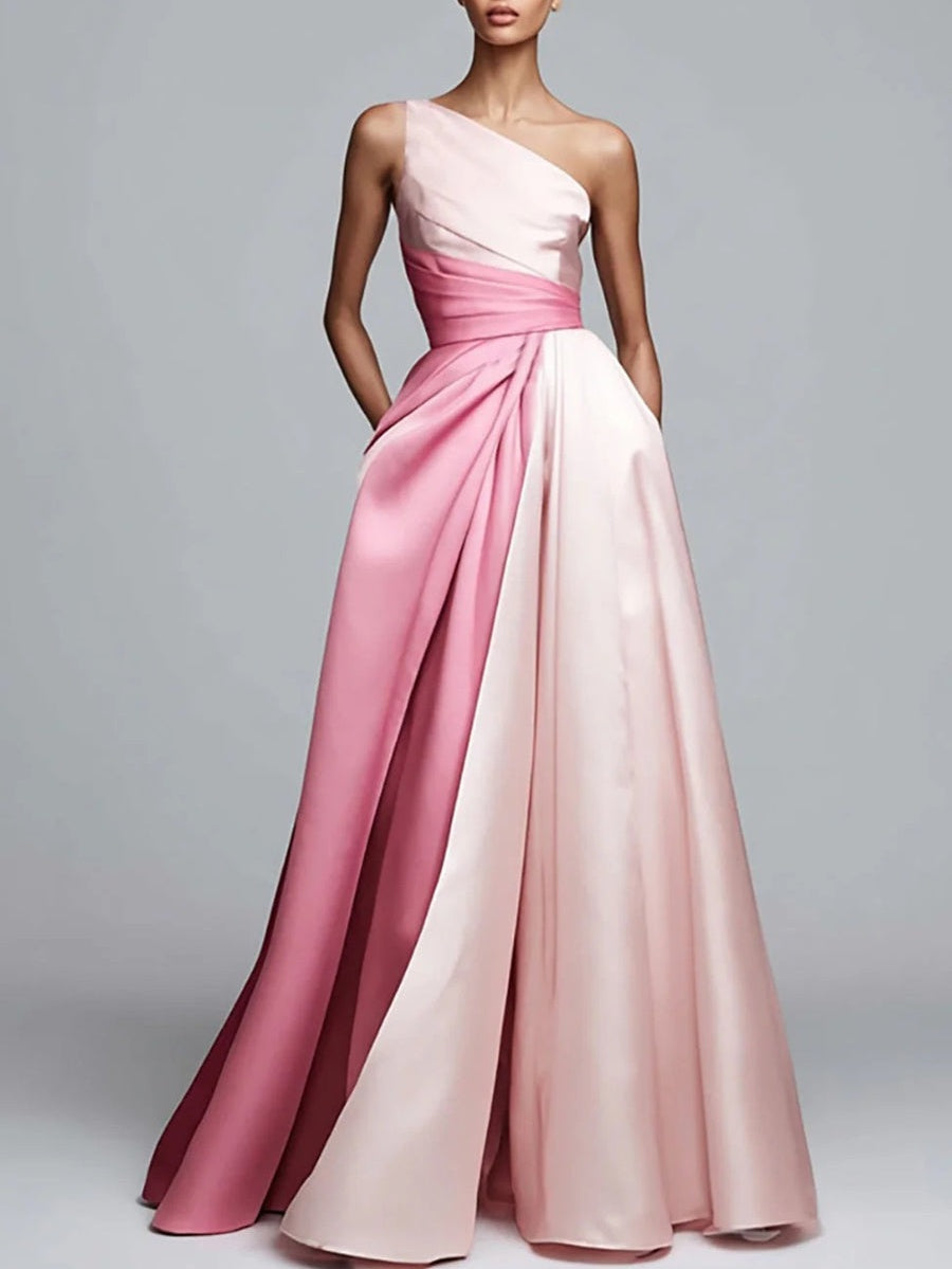 A-Line/Princess One Shoulder Patchwork Satin Long Prom Dresses with Pockets