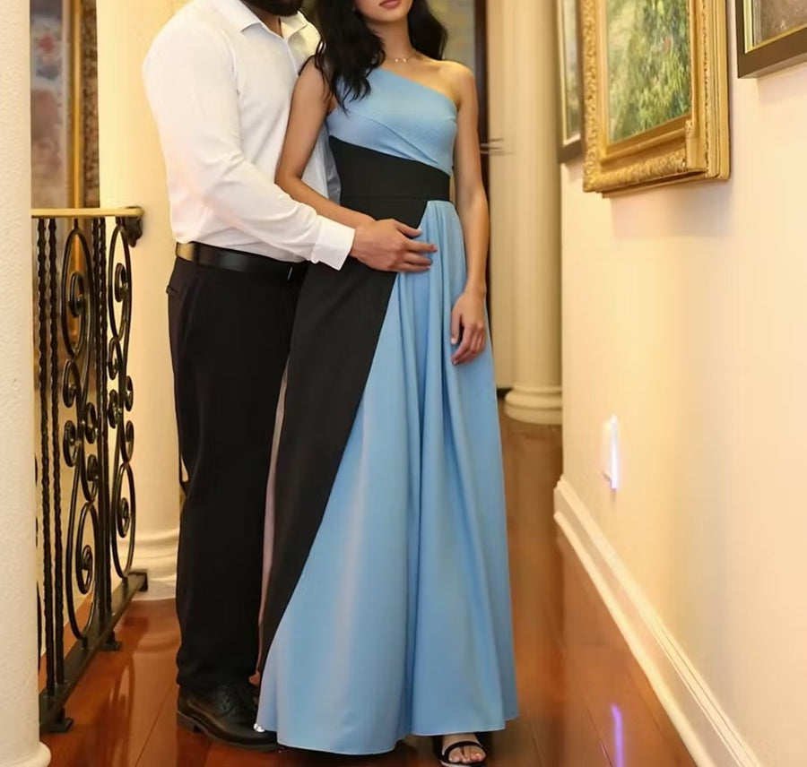 A-Line/Princess One Shoulder Patchwork Satin Long Prom Dresses with Pockets