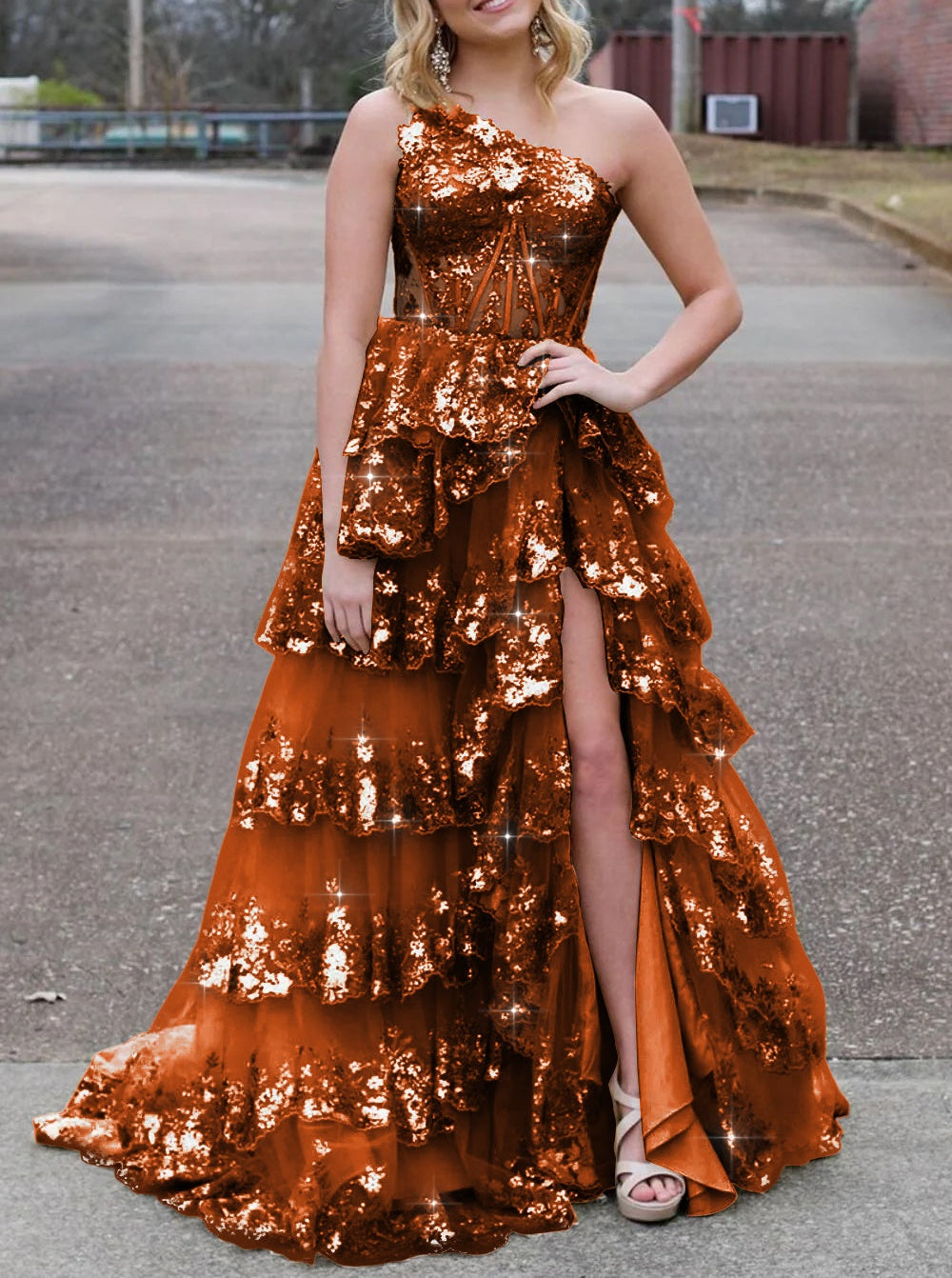 Sparkly Sequin One Shoulder Tiered Long Prom Dresses with Slit