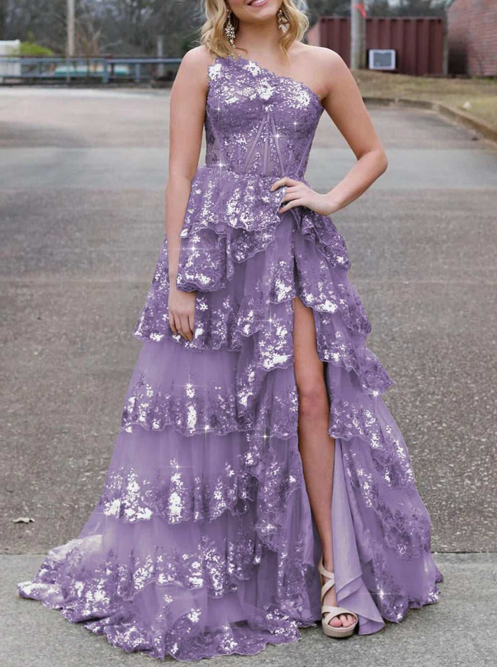 Sparkly Sequin One Shoulder Tiered Long Prom Dresses with Slit