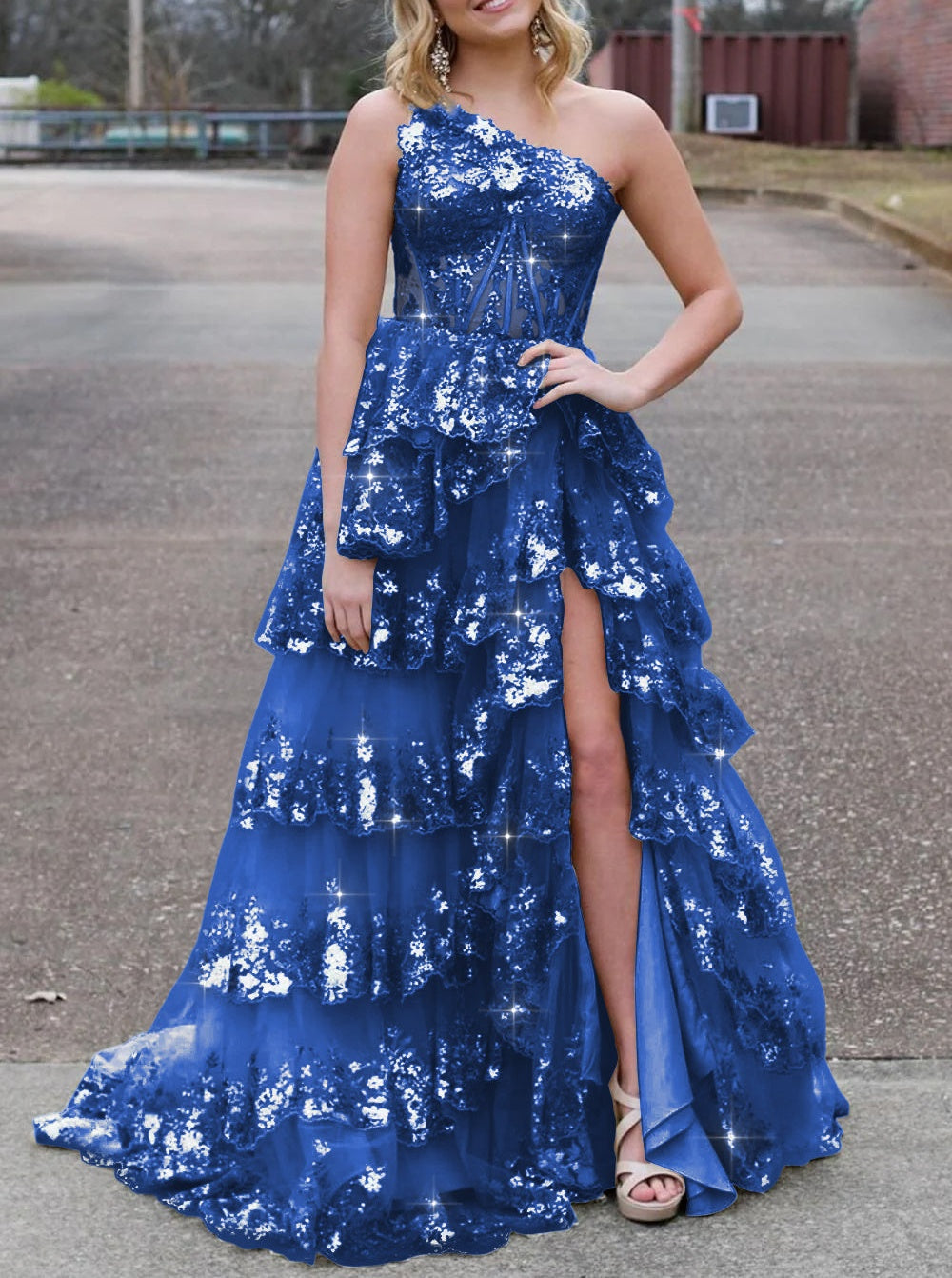 Sparkly Sequin One Shoulder Tiered Long Prom Dresses with Slit