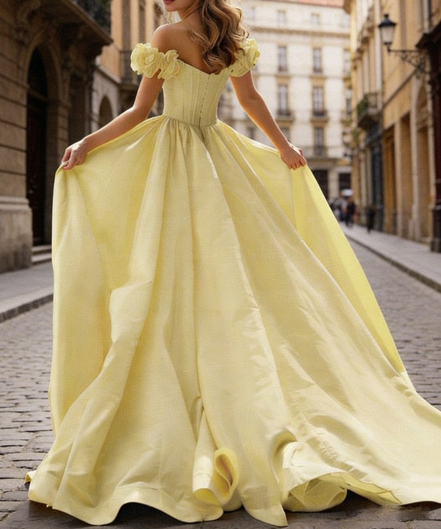 Ball Gown Off Shoulder Unique Ruffle Flowers Prom Dresses with Sweep/Brush Train