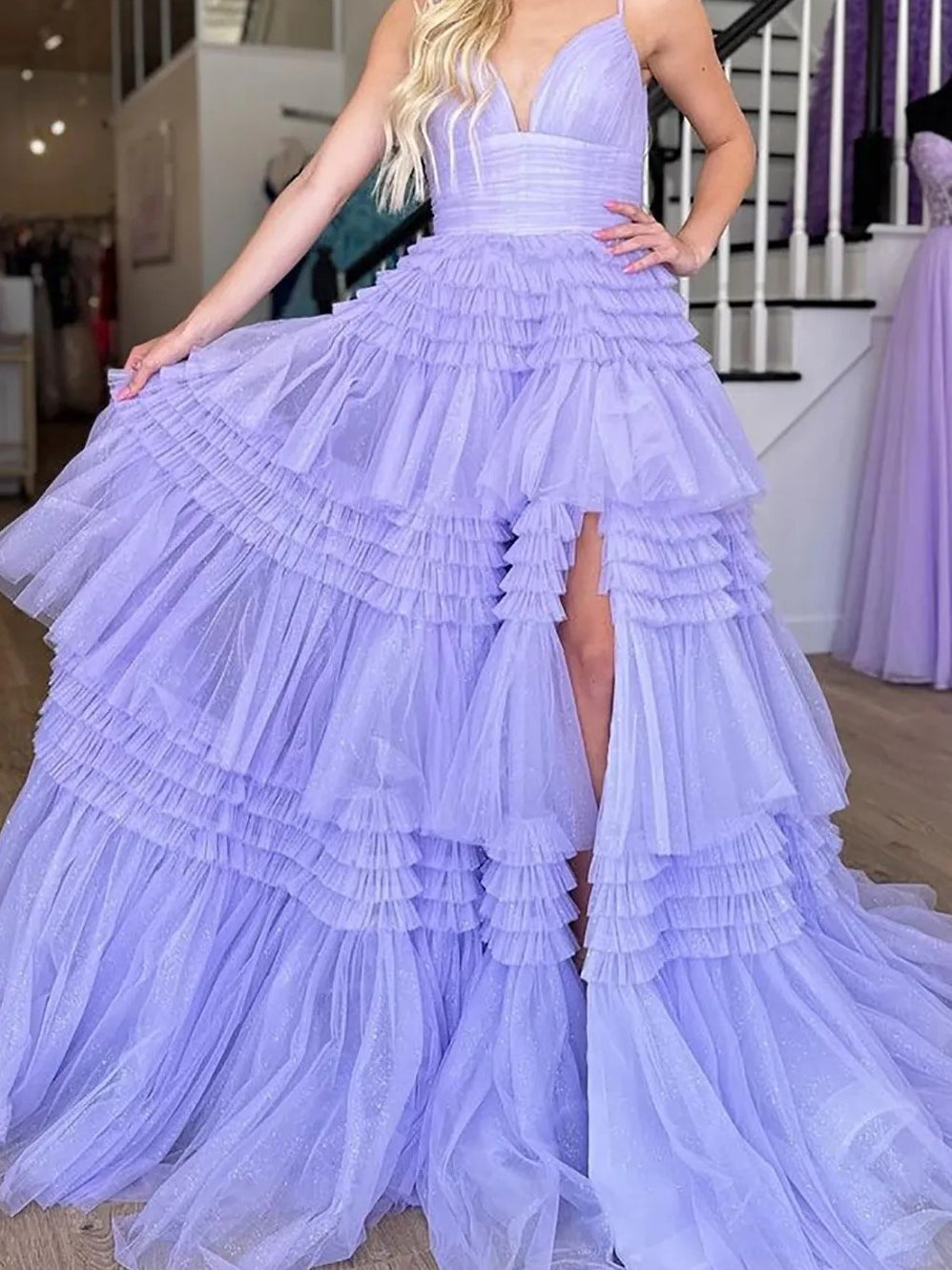 Tulle Spaghetti Strap Tiered Long Prom Dresses Ruffle Ball Gown