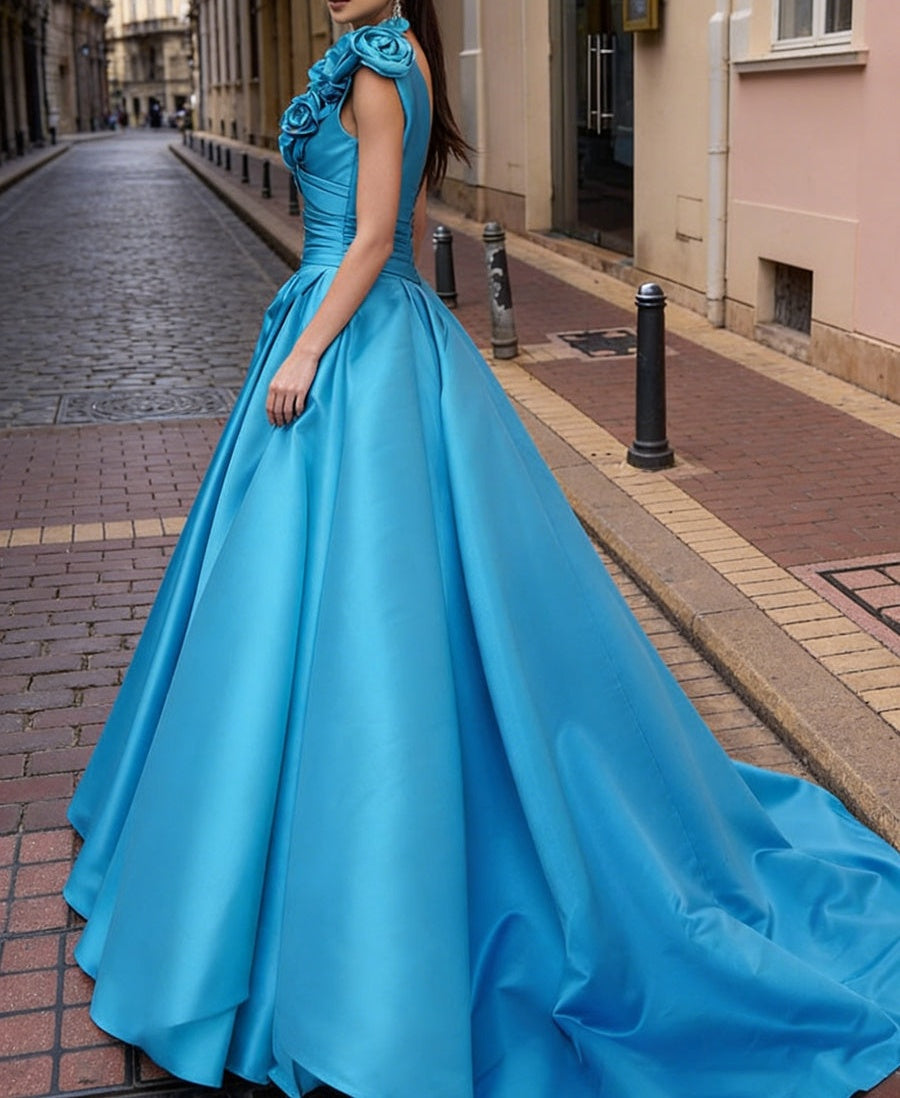 A-Line/Princess One Shoulder High Split Pleated Satin Prom Dresses with Flowers