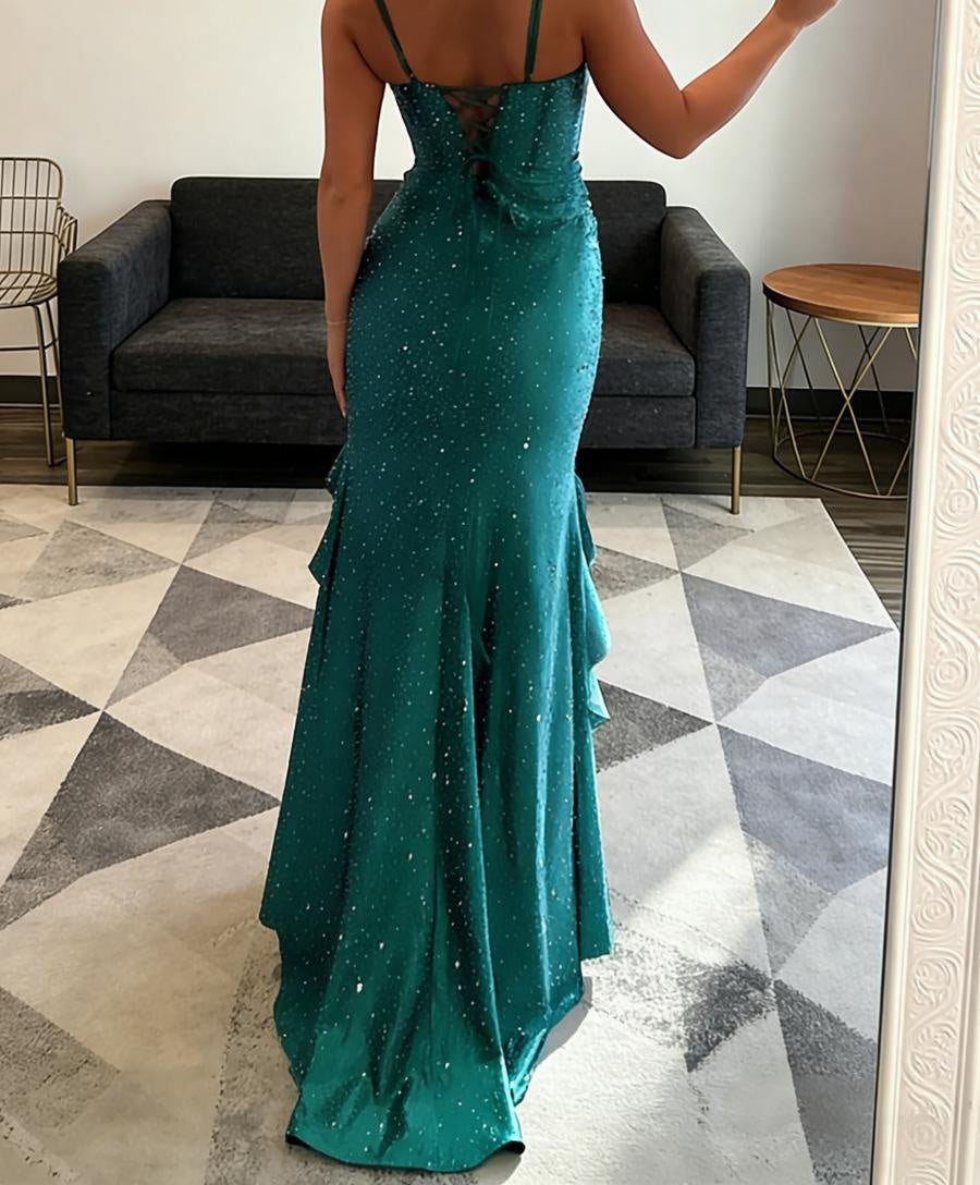 Sparkly Beading Spaghetti Strap Corset Long Prom Dresses with Satin
