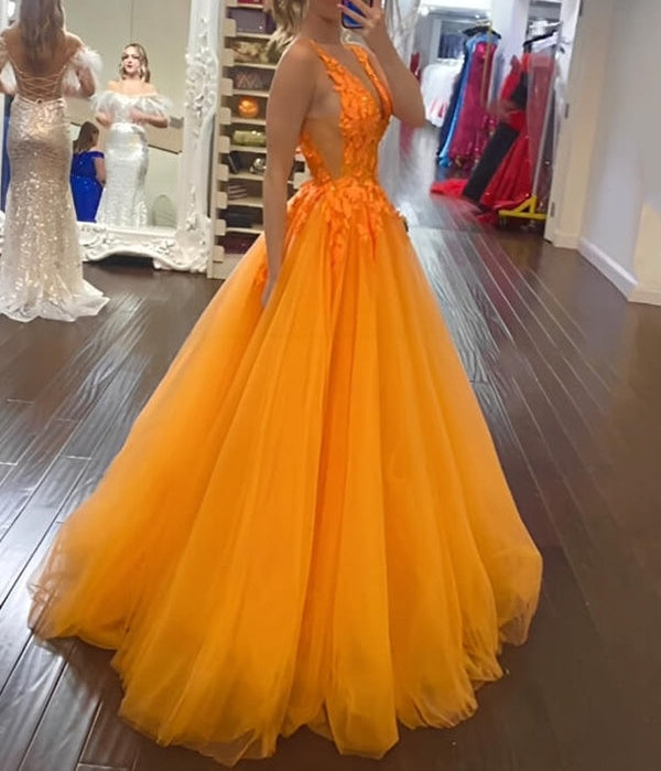Ball Gown V-Neck Illusion Tulle Floor Length Prom Dress with Lace Appliques