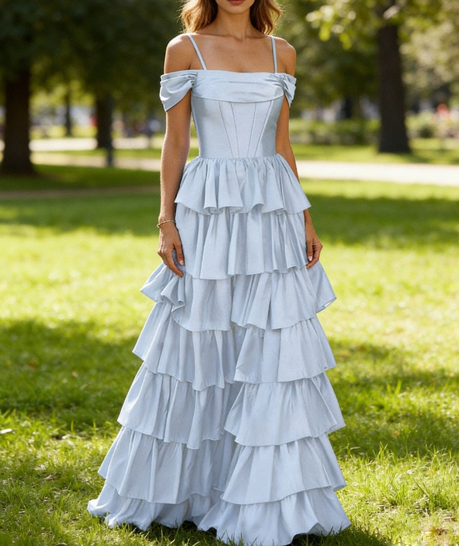 A-Line Spaghetti Straps Tiered Ruffled Satin Long Prom Dresses with High Split