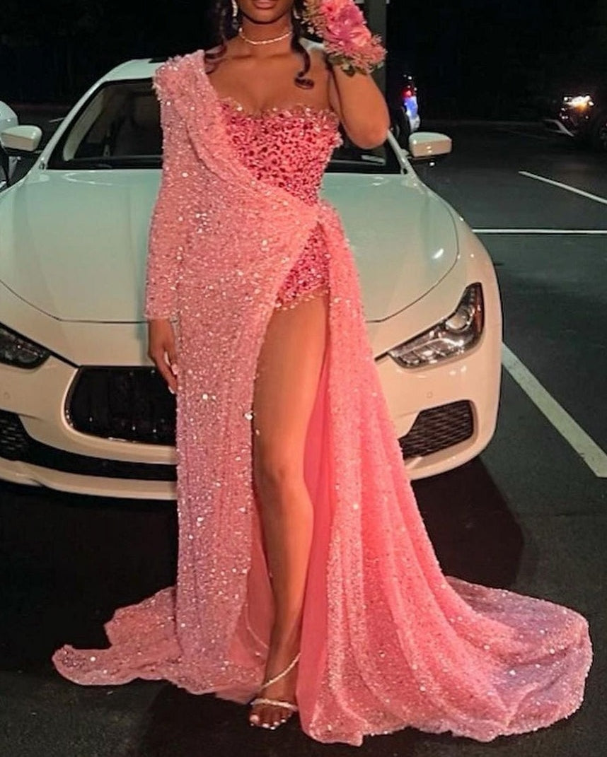 Strapless One Shoulder Sequins Chapel Train Front Side Prom Dress