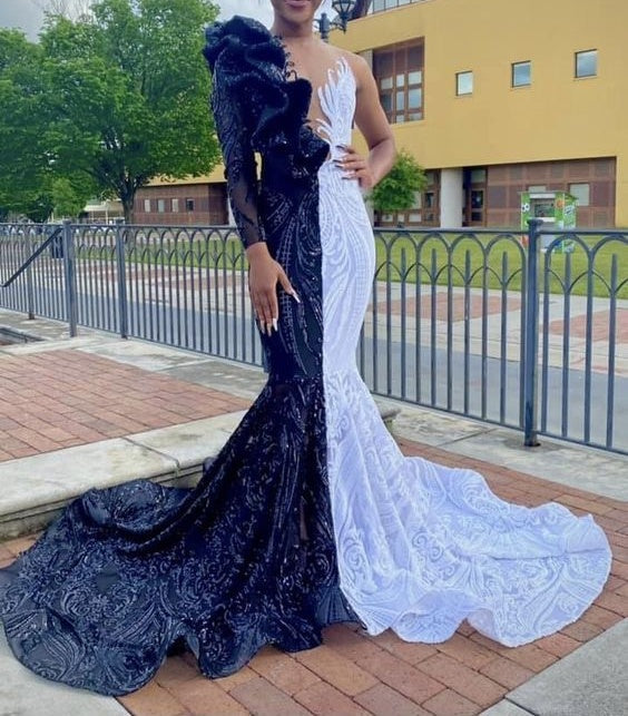 Hot Half Black Half White One shoulder Long Sleeves Mermaid Prom Dresses