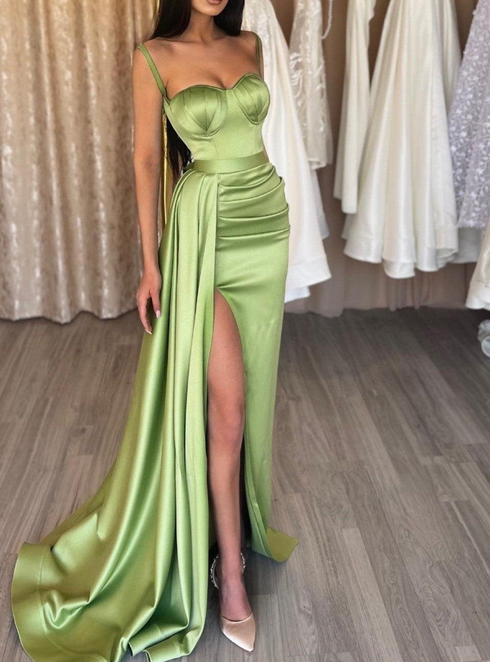 Gorgeous Spaghetti-Straps Sage Green Prom Dress Mermaid Split Long