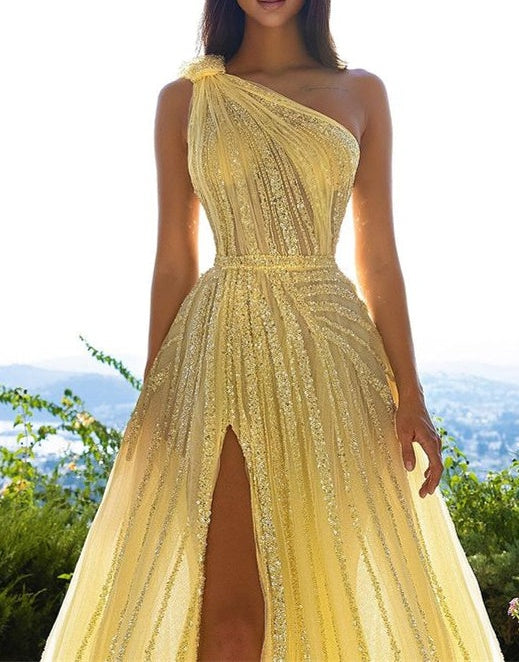 Glittering One Shoulder Daffodil Sequins Prom Dress Long Split Online