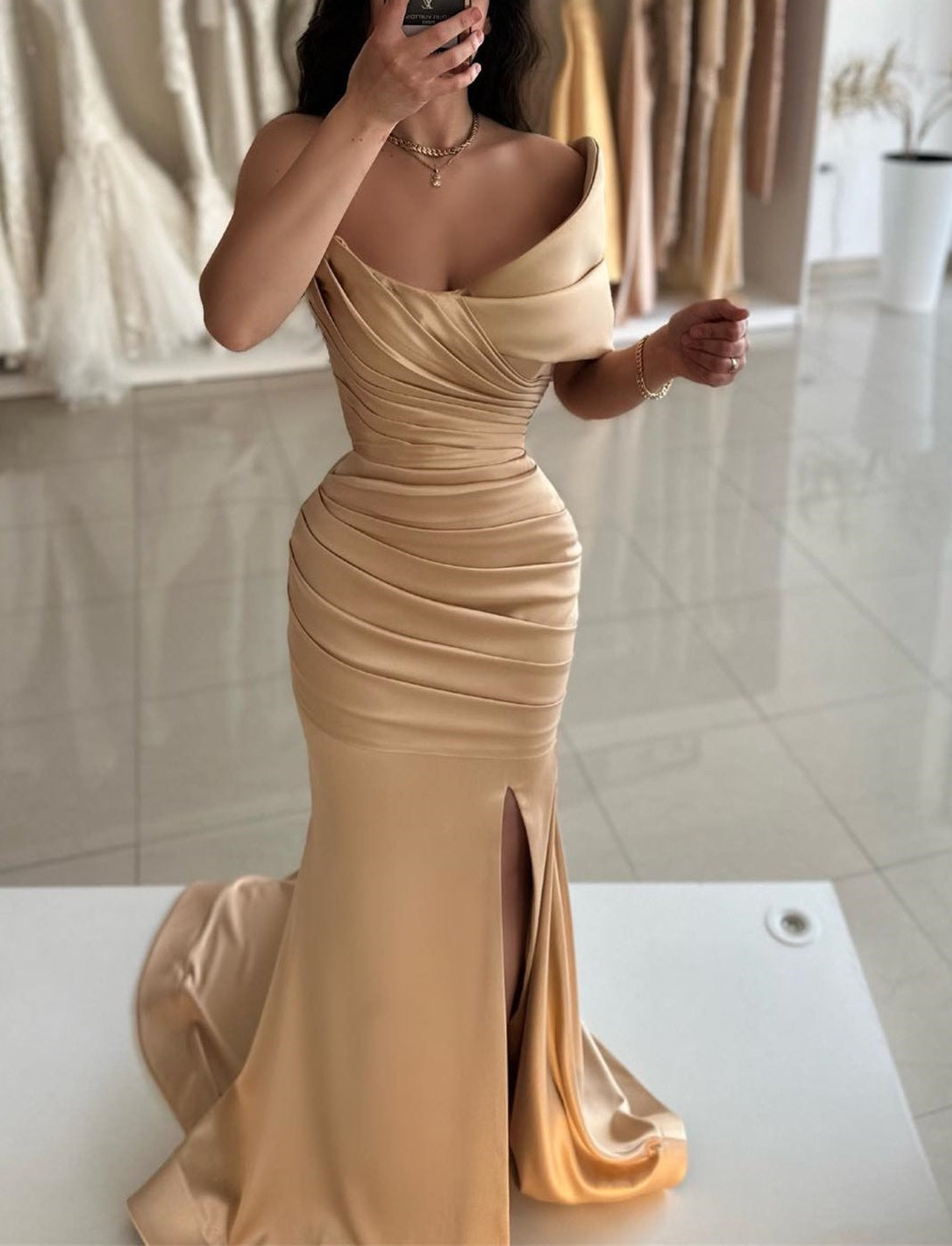 ombreprom One Shoulder Champagne Prom Dress Mermaid Slit Long