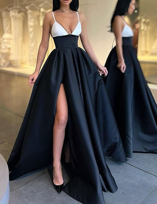 Elegant Spaghetti-Straps Black and White Prom Dress Long With Slit