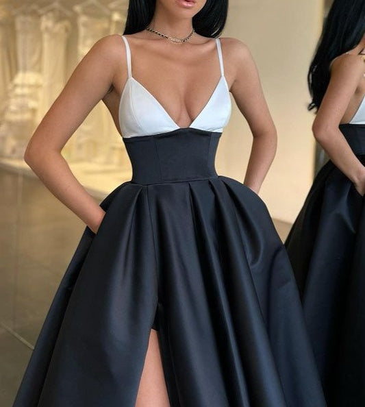 Elegant Spaghetti-Straps Black and White Prom Dress Long With Slit