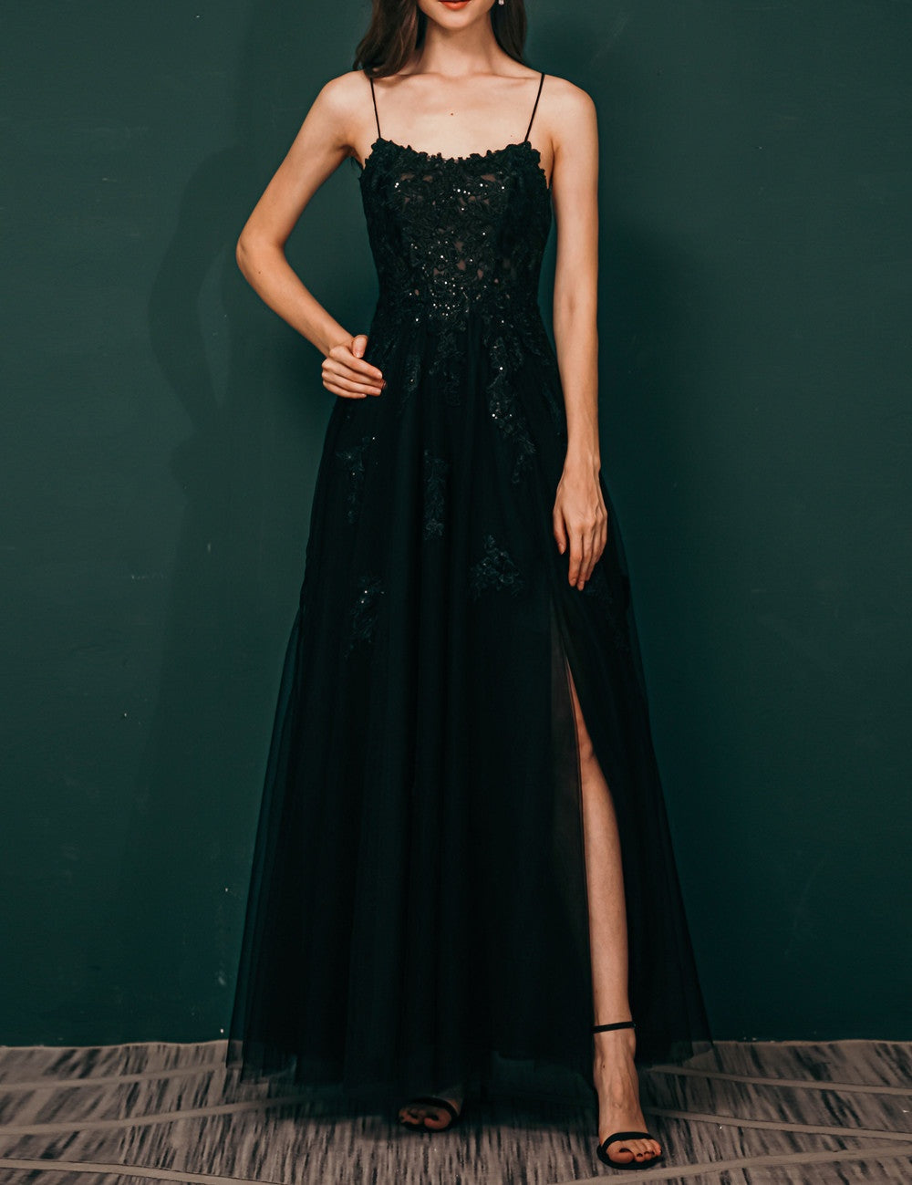 Burgundy Spaghetti Strap Lace Appliques High split Prom Dress