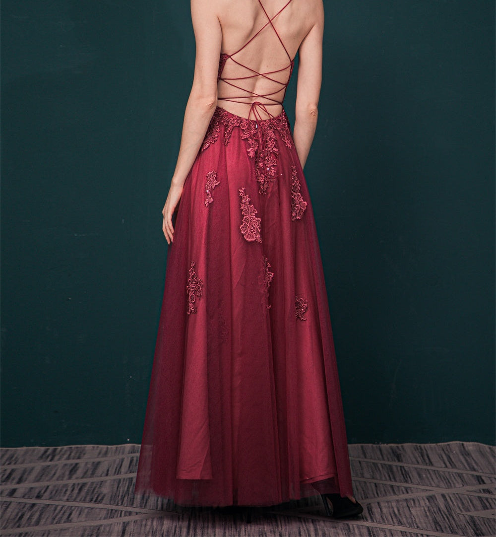 Burgundy Spaghetti Strap Lace Appliques High split Prom Dress