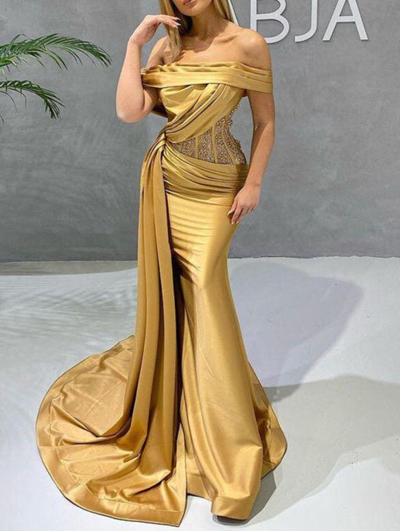 Gorgeous Gold Off-the-Shoulder Mermaid Prom Dress Appliques With Ruffles