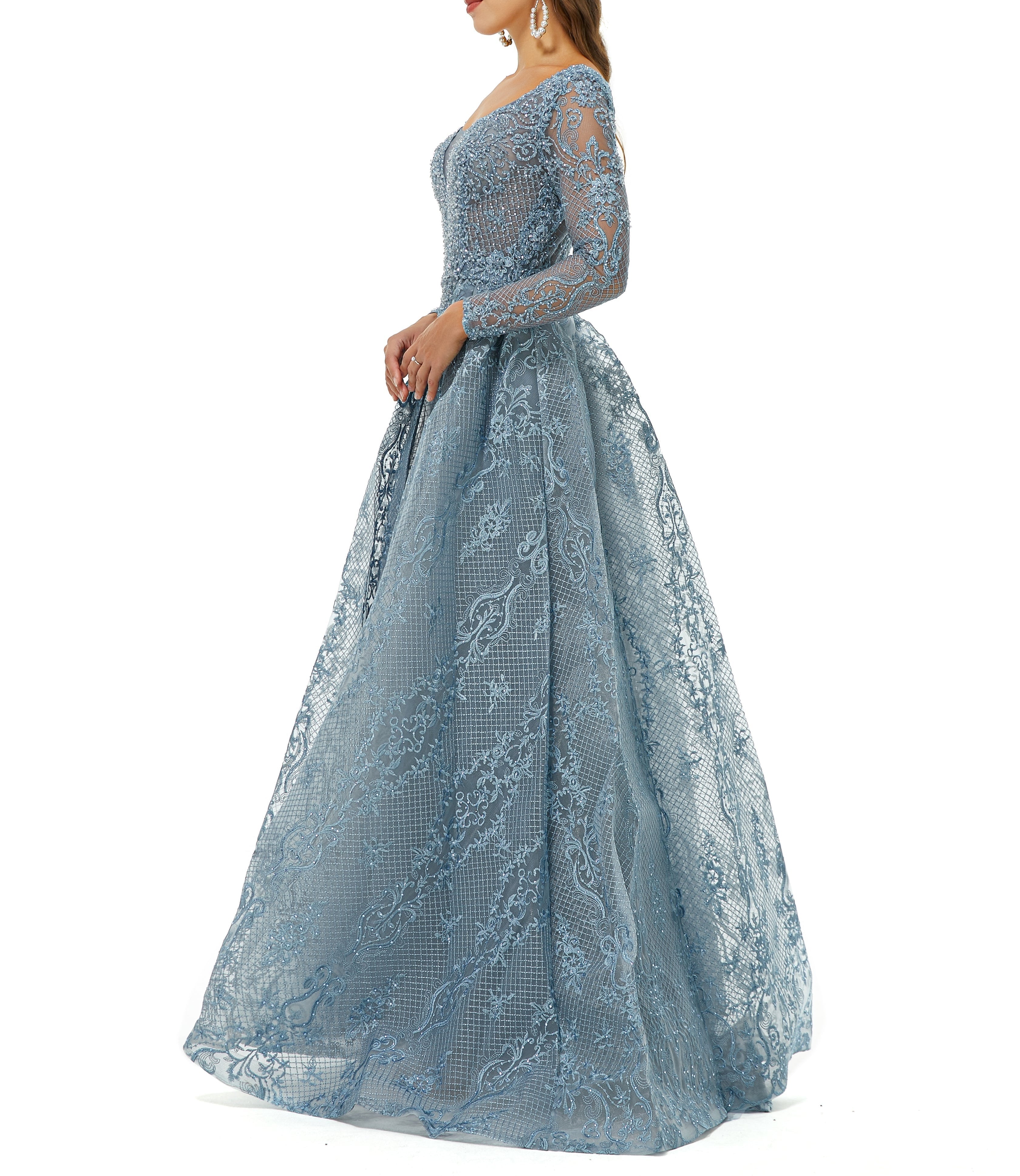 ombreprom Design | Sparkle Dusty Blue Beaded Mermaid Long sleeves Prom Dresses with Overskirt