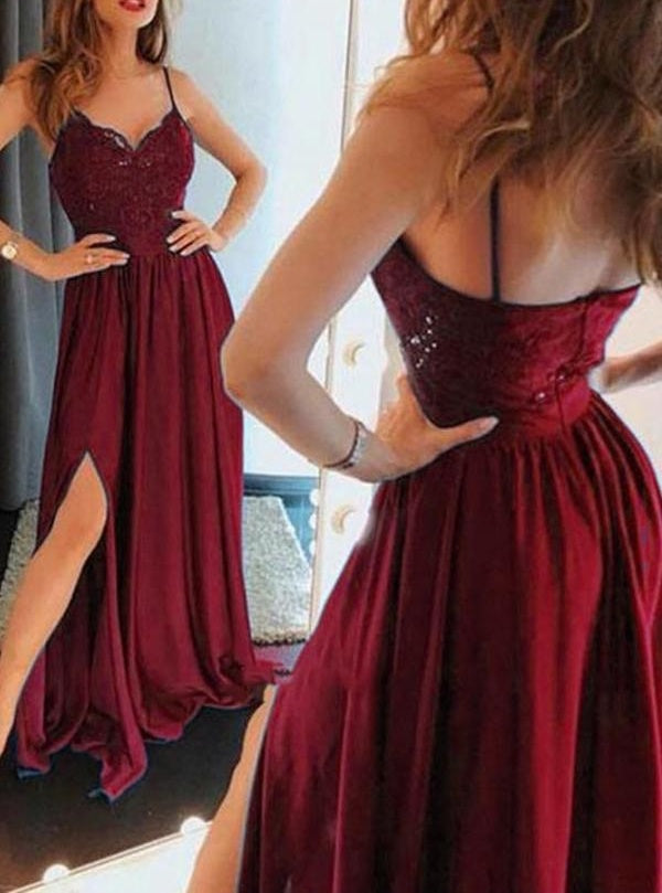 Beautiful Spaghetti-Straps Lace Appliques Prom Dress Long With Split
