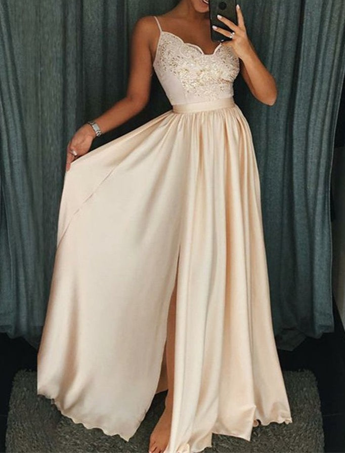 Beautiful Spaghetti-Straps Lace Appliques Prom Dress Long With Split
