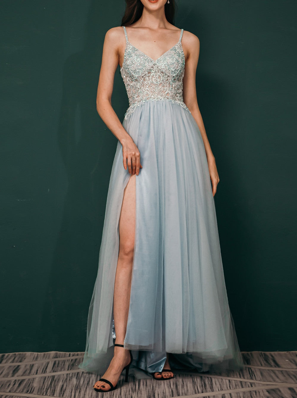 Light blue See-through Sparkle Appliques Prom Dress