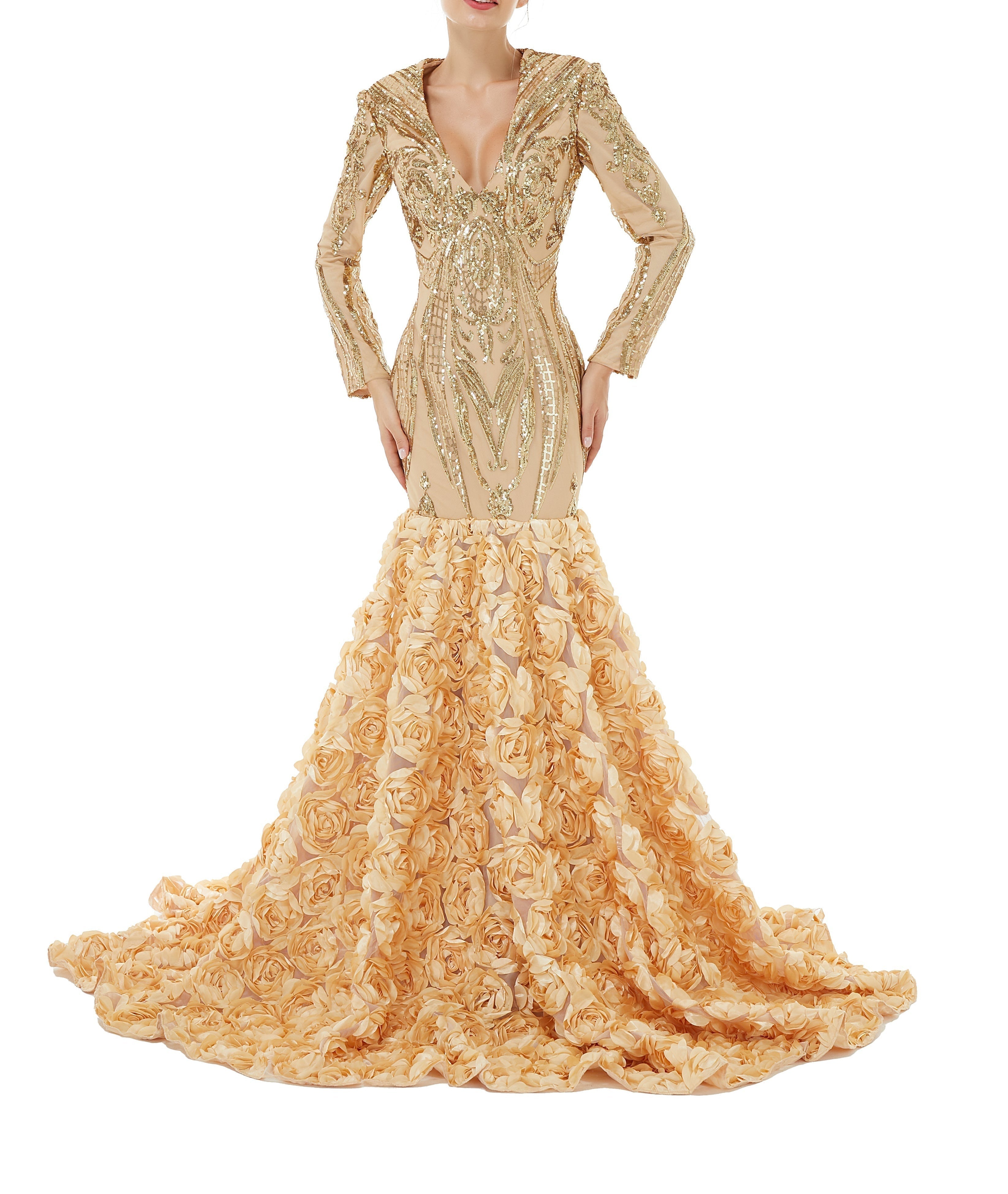 Sexy Sparkle Red Long sleeves V-neck Flowers Prom Dress | ombreprom Real Shooting