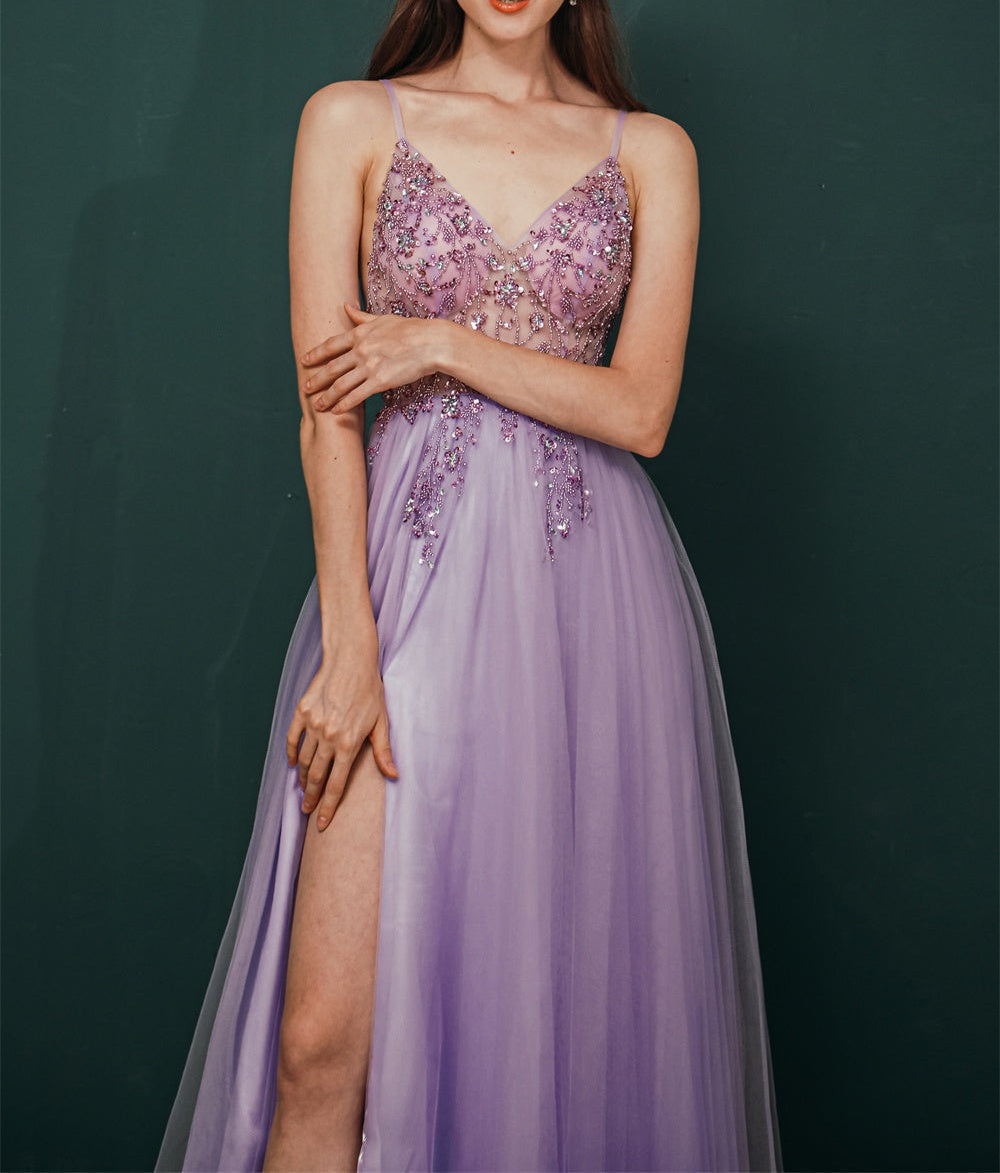 Sparkle Lilac Tulle High-split Spaghetti Strap Prom Dress