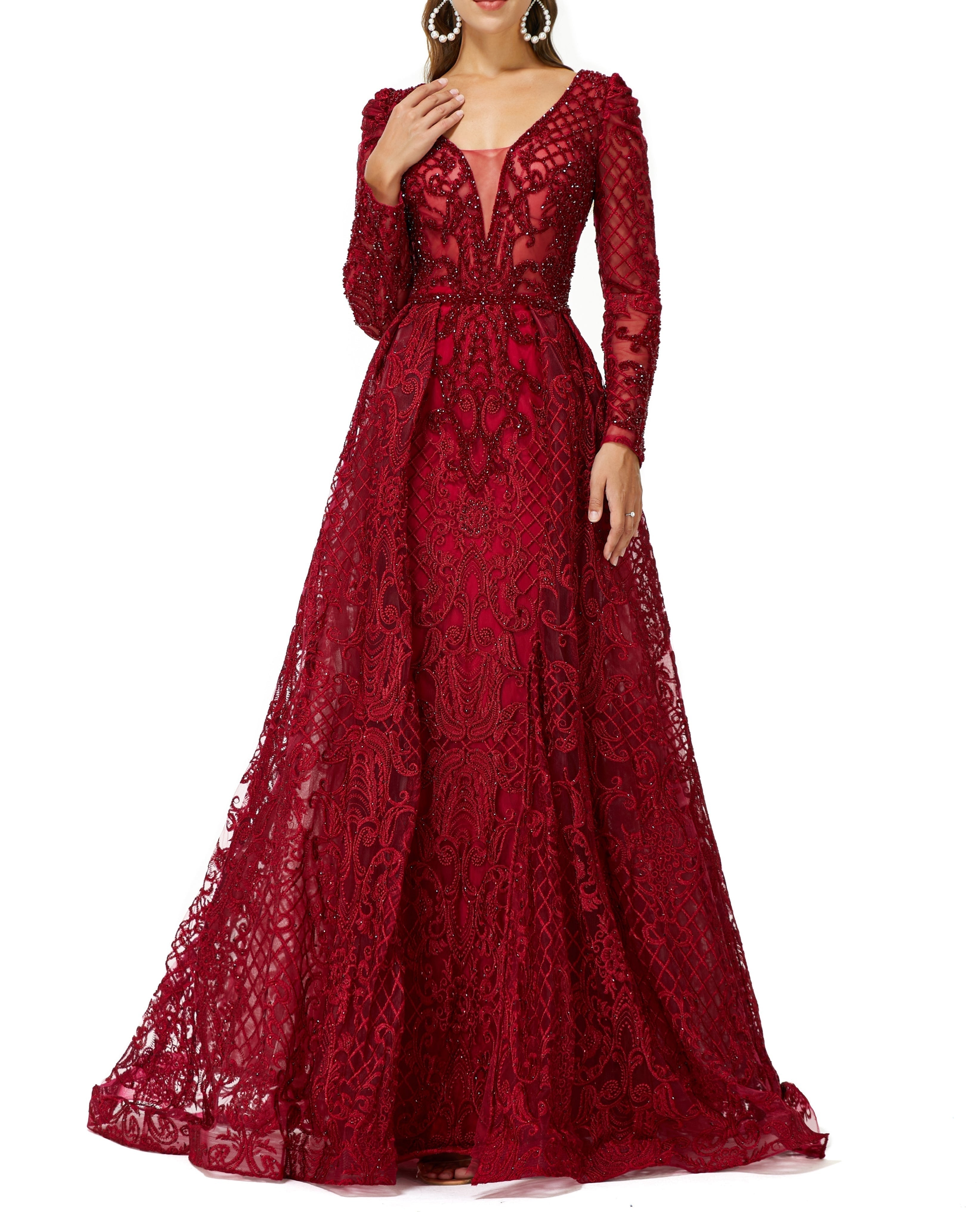 ombreprom Design | Sparkle Beaded Wine Red Long Sleeves Prom Dresses