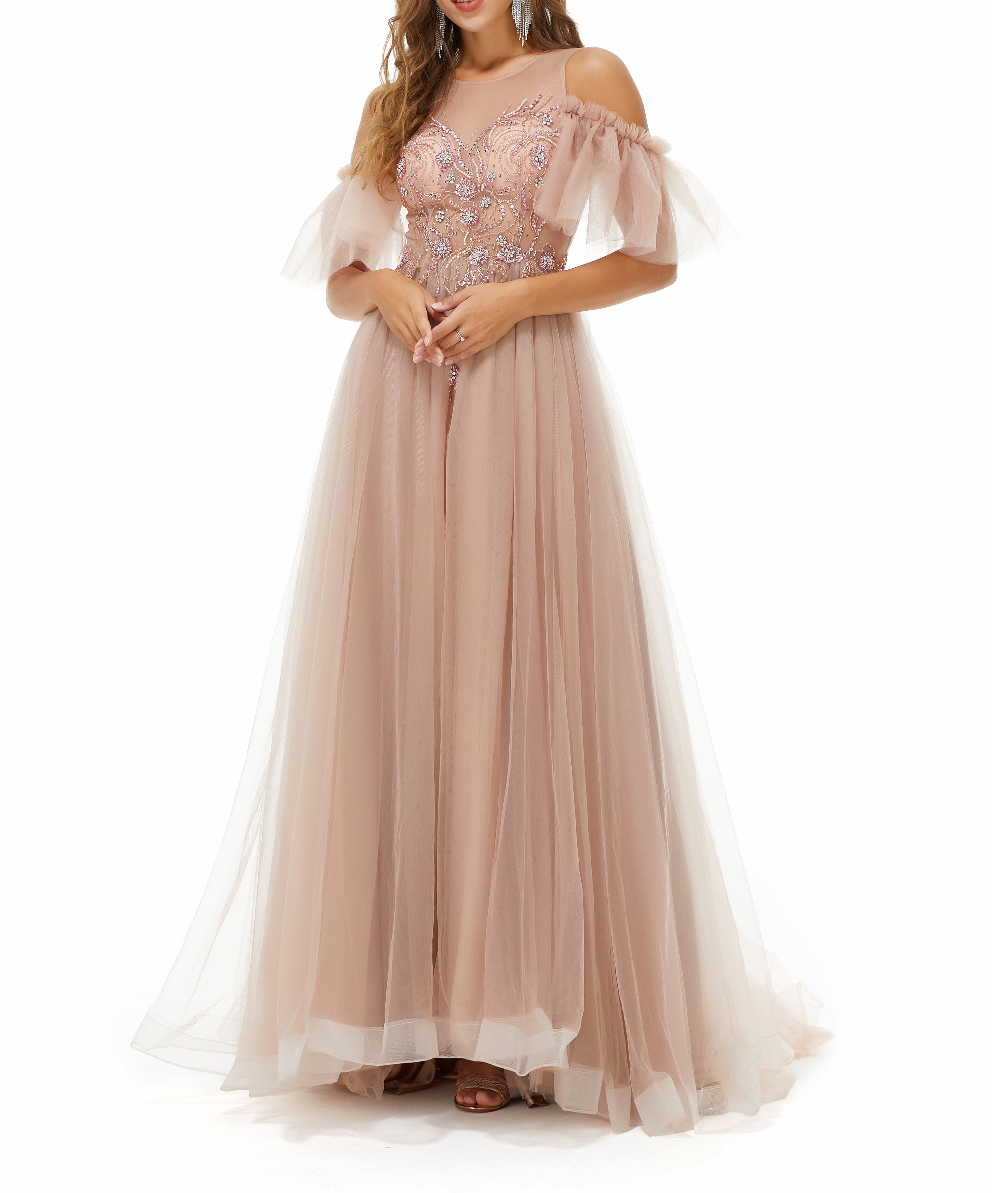 ombreprom Design | Sparkle Beaded Cool shoulder A-line Beaded Prom Dresses