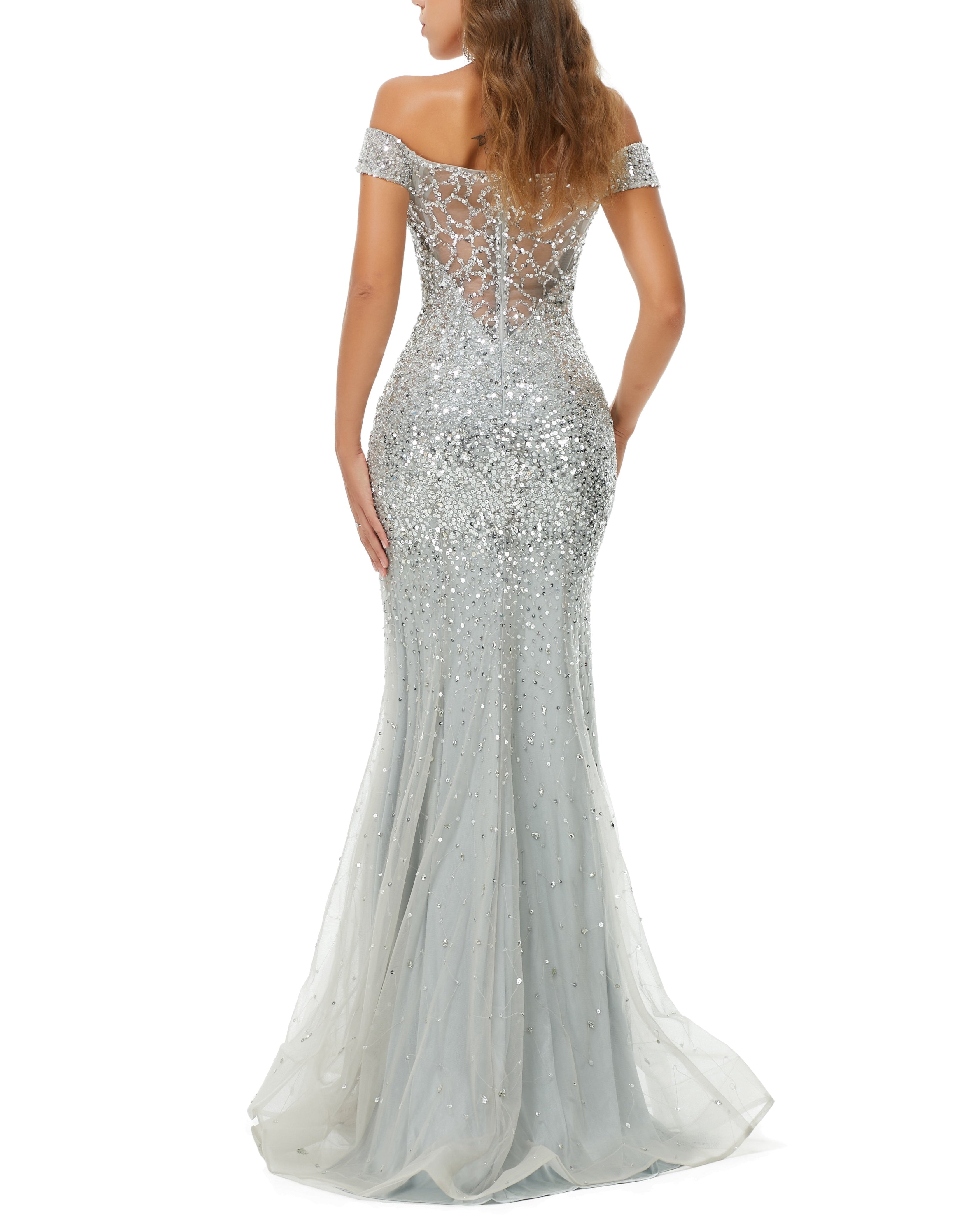 ombreprom Design | Sparkle Silver Mermaid Beaded Cap sleeves Off-the-shoulder Prom Dresses