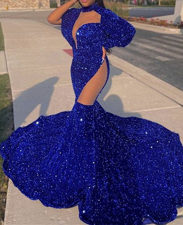 Beautiful Royal Blue High-neck Long Sleeve Lace Long Mermaid Prom Dress