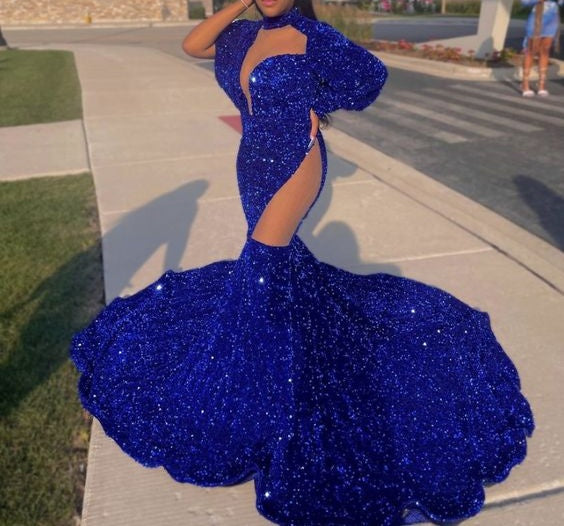 Beautiful Royal Blue High-neck Long Sleeve Lace Long Mermaid Prom Dress