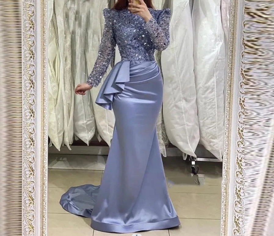 Charming Lavender Long Mermaid High Neck Beading Prom Dresses With Long Sleeves