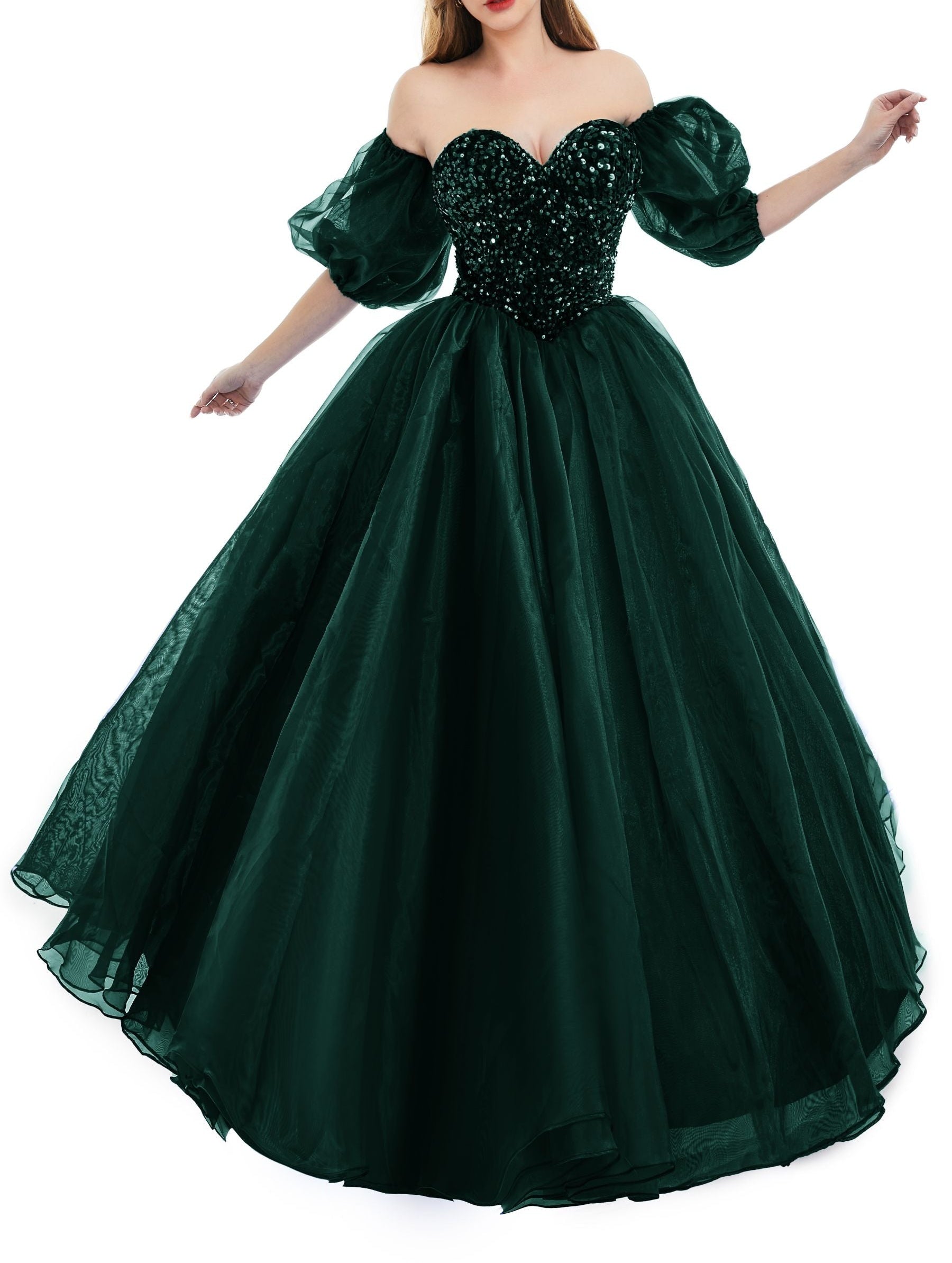 Sweetheart Royal Blue Bubble Sleeves Ball Gown Beaded Prom Dresses